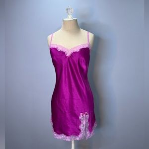 Victoria’s Secret Silky Magenta Slip Dress with Lace Trim and Slit